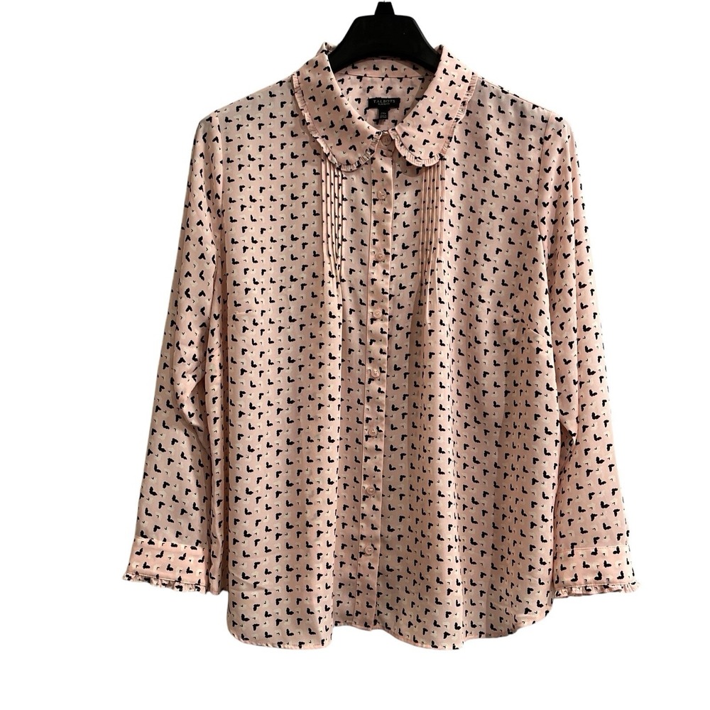 Talbots Top Women 2XP Pink Floral Button Down Blouse Ruffle Trim Feminine Office